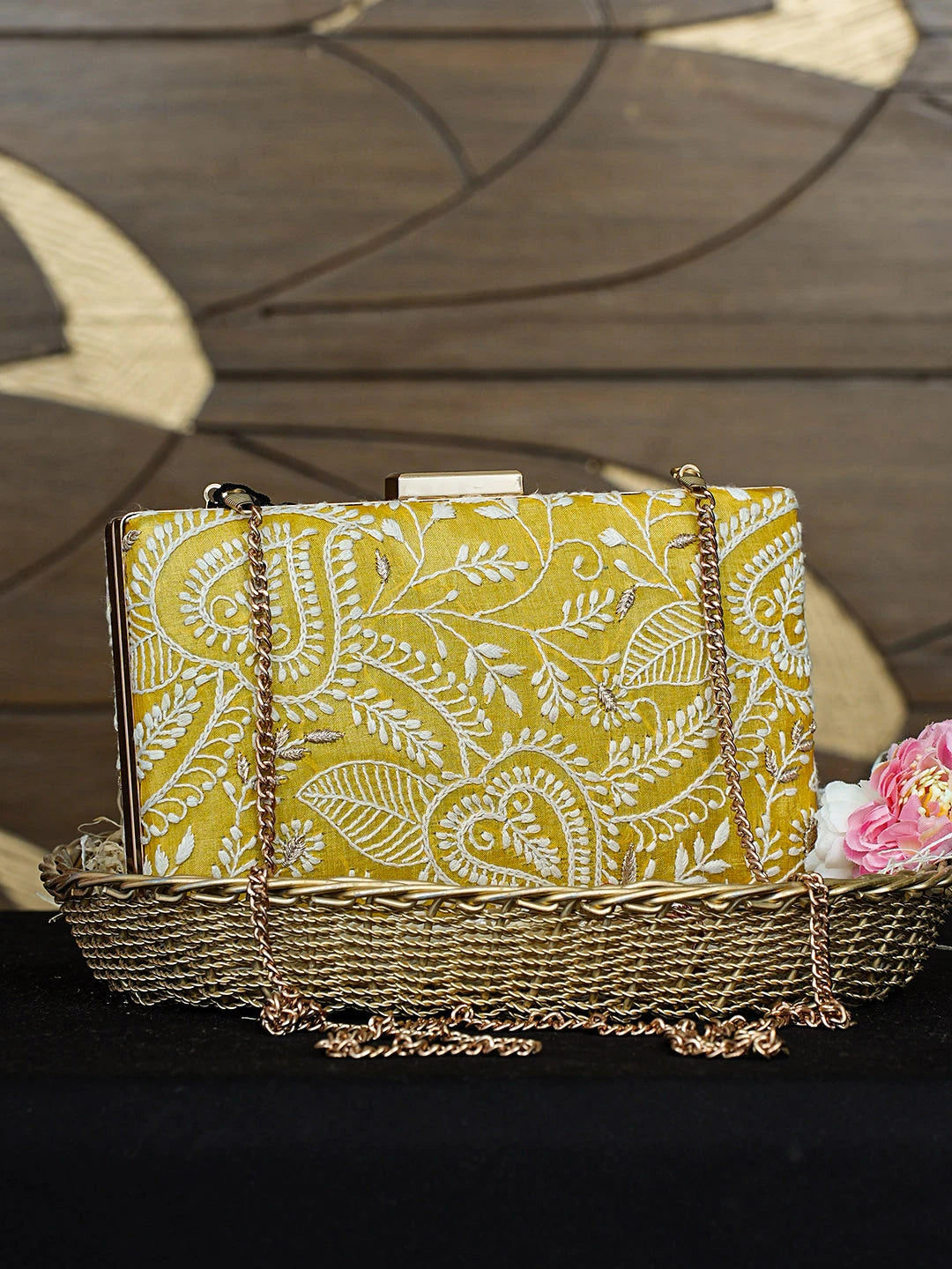 Ada Hand Embroidered Mustard Silk Lucknowi Chikankari Clutch With Zari Work 01A925592