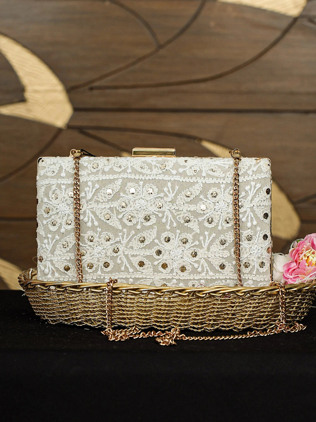 Ada Hand Embroidered White Viscose Georgette Lucknowi Chikankari Clutch With Muqaish Work 01A925599