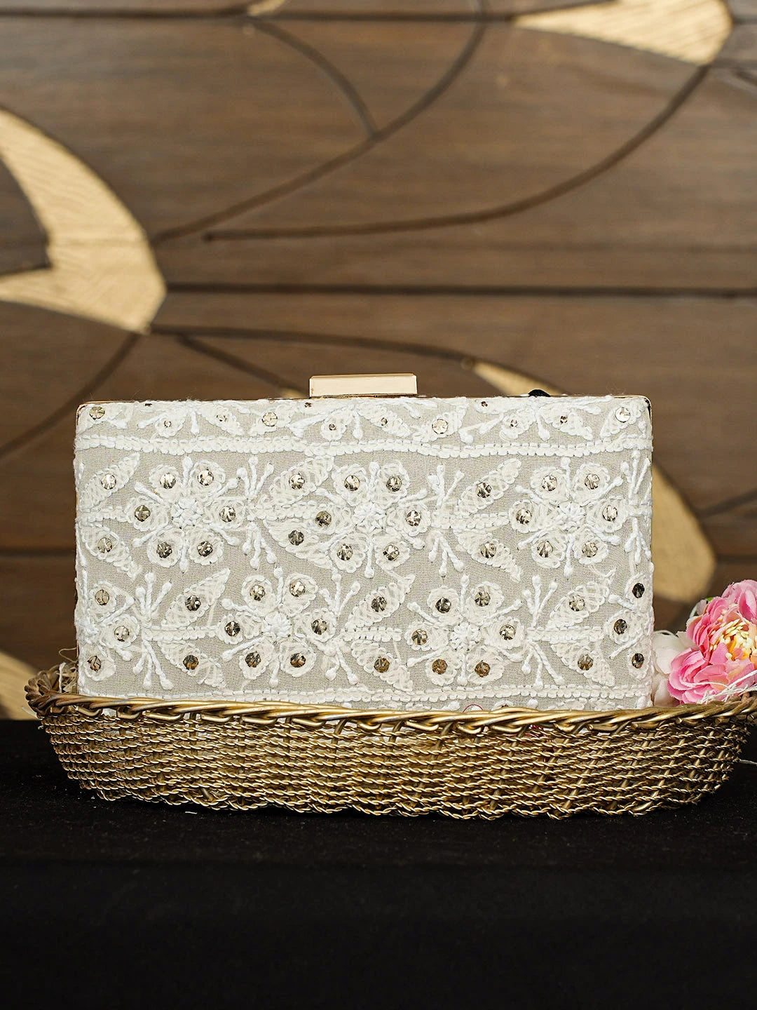 Ada Hand Embroidered White Viscose Georgette Lucknowi Chikankari Clutch With Muqaish Work 01A925599