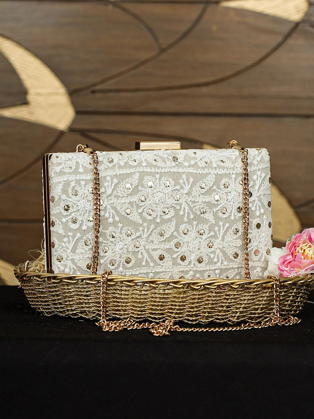 Ada Hand Embroidered White Viscose Georgette Lucknowi Chikankari Clutch With Muqaish Work 01A925599