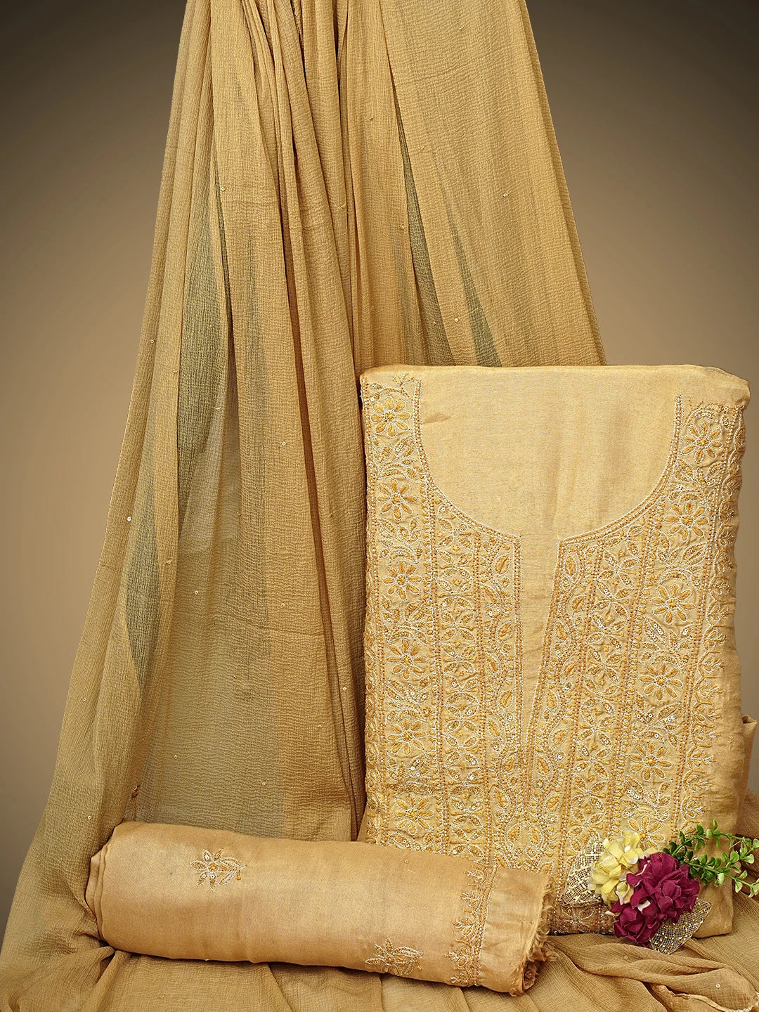 Ada Hand Embroidered Sunlit Clay Brown Muslin Lucknowi Chikankari Unstitched Suit Piece with Zari Work 01A796111