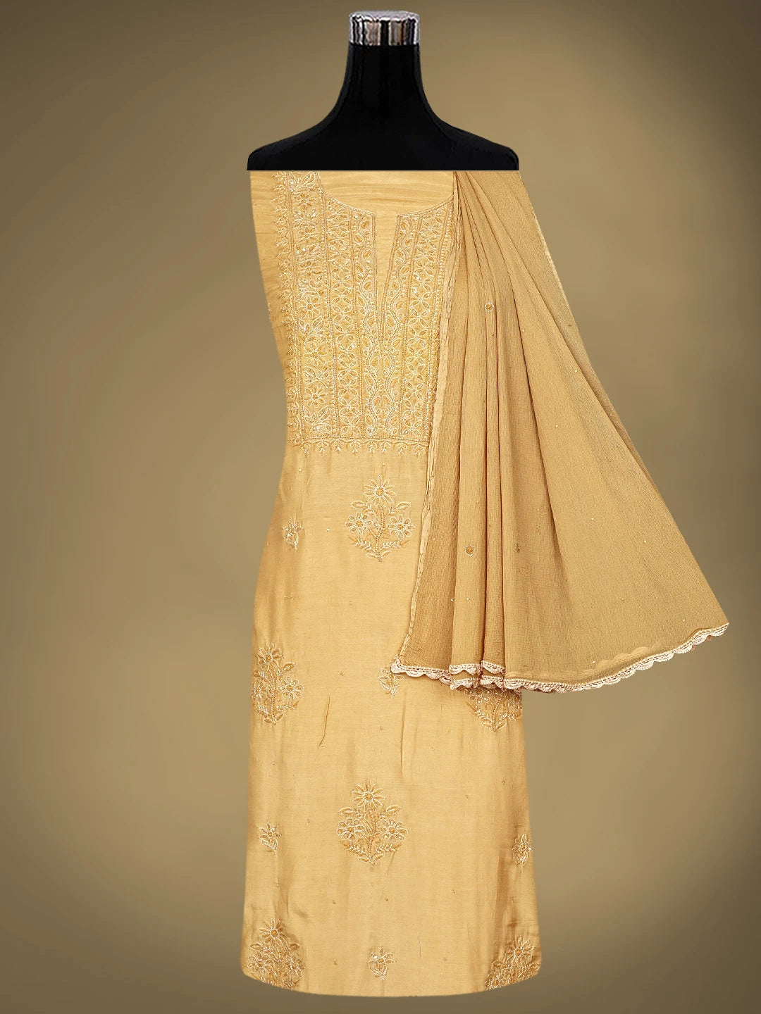 Ada Hand Embroidered Sunlit Clay Brown Muslin Lucknowi Chikankari Unstitched Suit Piece with Zari Work 01A796111