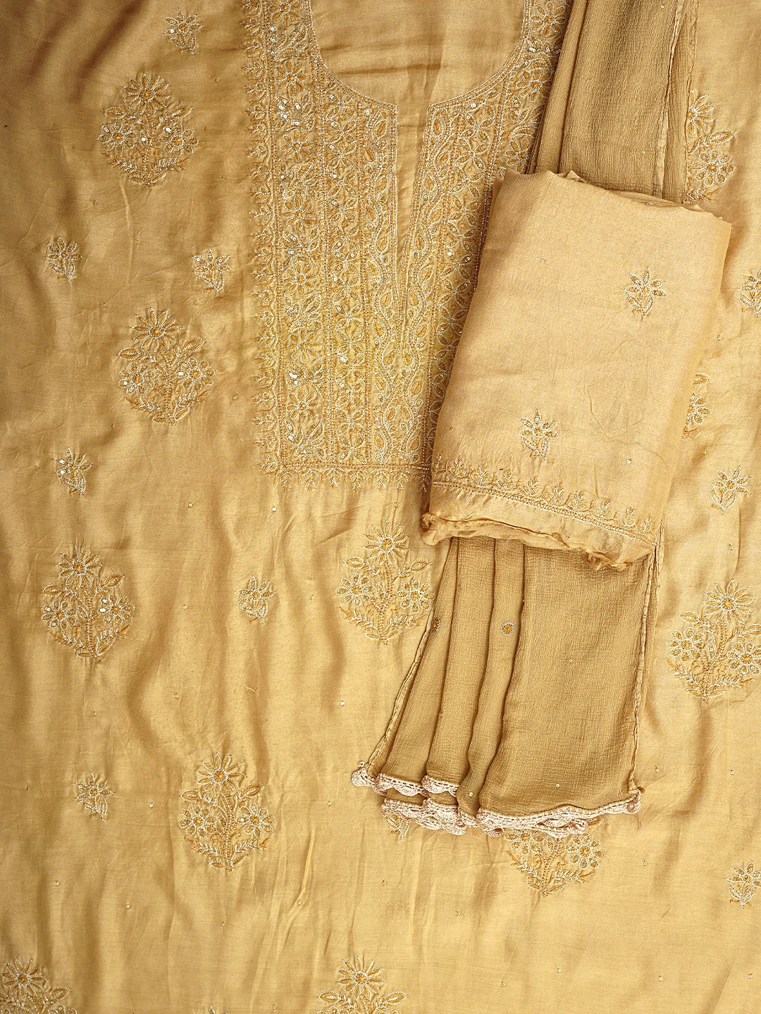 Ada Hand Embroidered Sunlit Clay Brown Muslin Lucknowi Chikankari Unstitched Suit Piece with Zari Work 01A796111