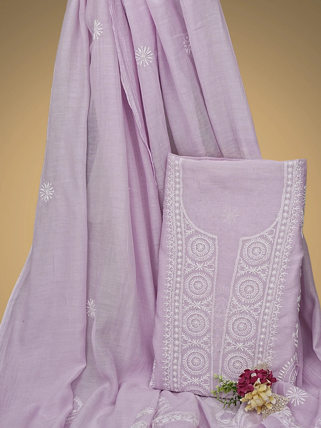 Ada Hand Embroidered Lilac Purple Chanderi Lucknowi Chikankari Unstitched Kurta Dupatta Set 01A903830
