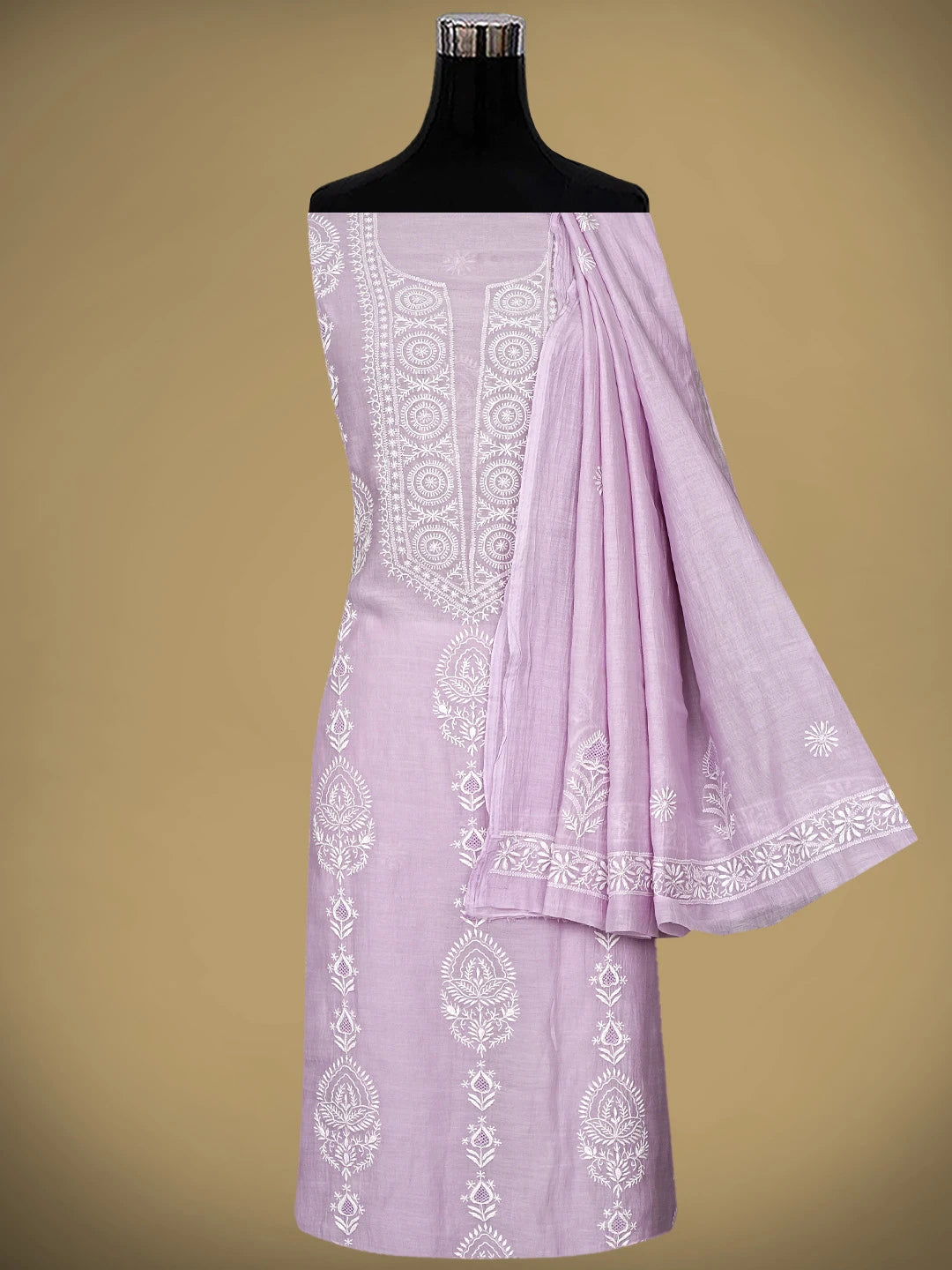 Ada Hand Embroidered Lilac Purple Chanderi Lucknowi Chikankari Unstitched Kurta Dupatta Set 01A903830