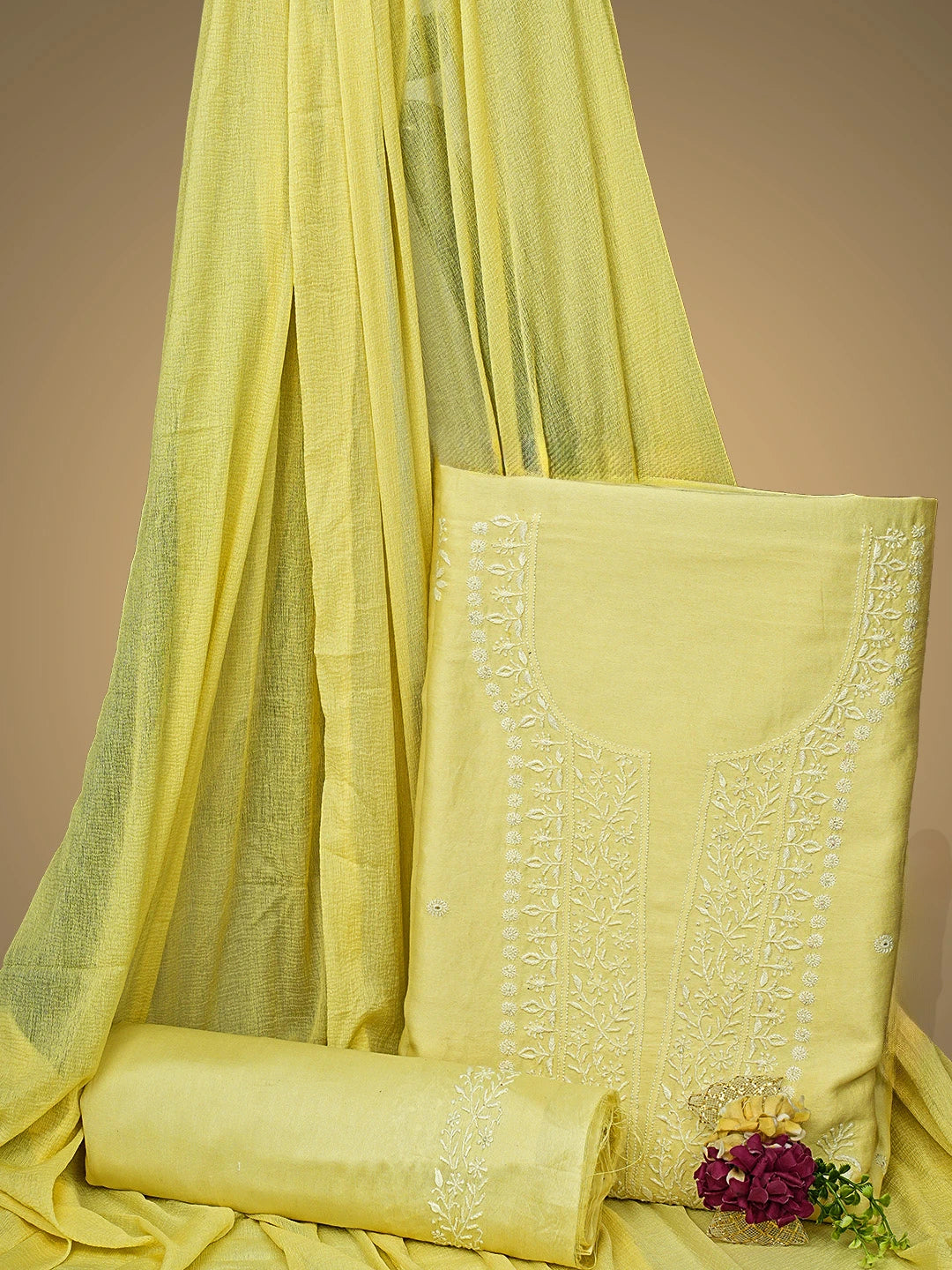 Ada Hand Embroidered Lemon Chanderi Lucknowi Chikankari Unstitched Suit Piece 01A791864