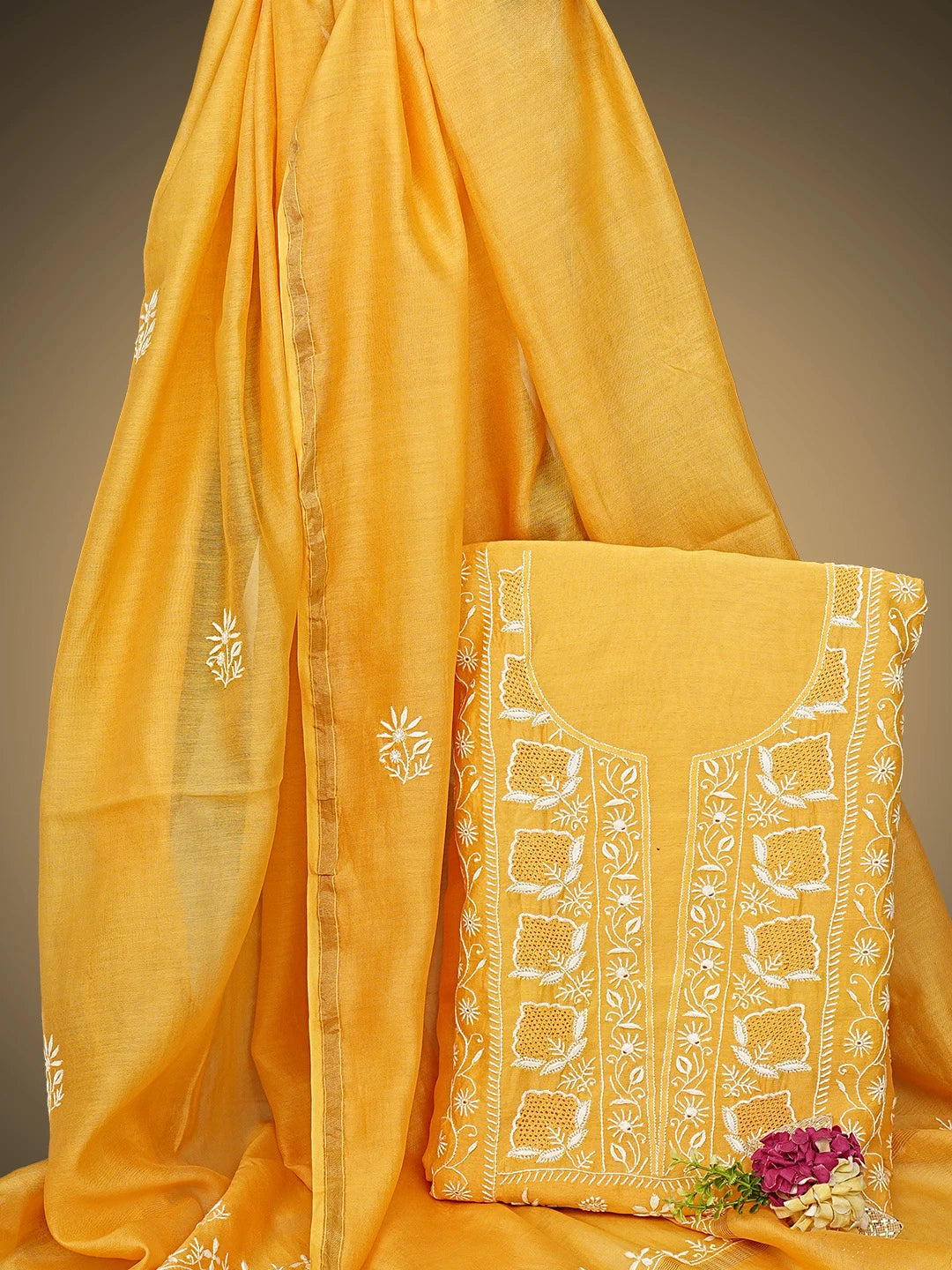 Ada Hand Embroidered Yellow Chanderi Lucknowi Chikankari Unstitched Kurta Dupatta Set 01A939443