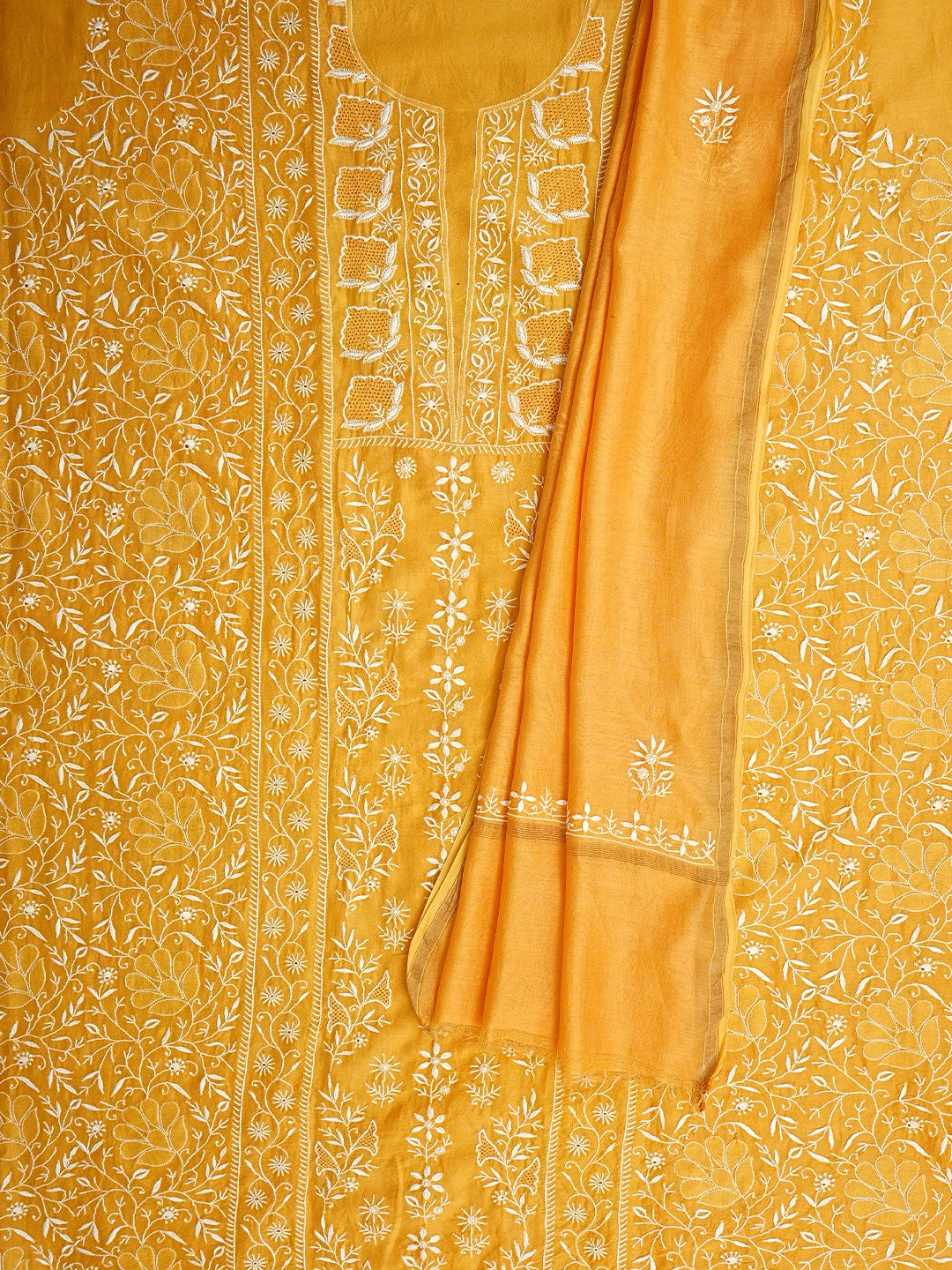 Ada Hand Embroidered Yellow Chanderi Lucknowi Chikankari Unstitched Kurta Dupatta Set 01A939443