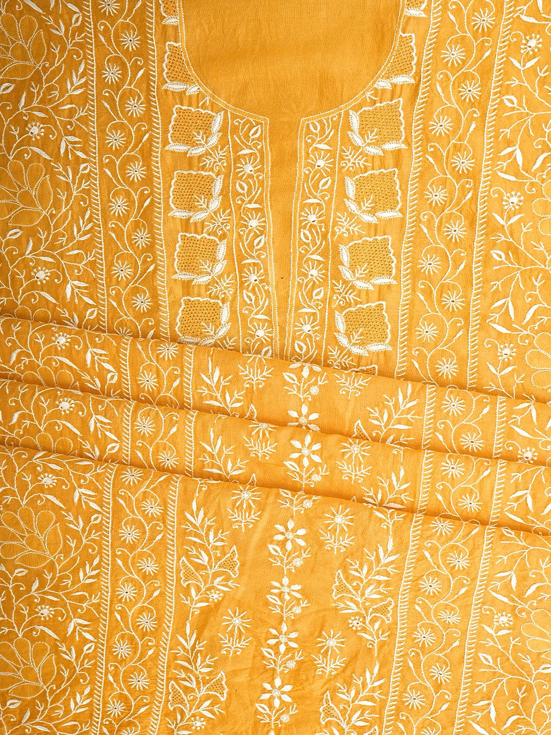 Ada Hand Embroidered Yellow Chanderi Lucknowi Chikankari Unstitched Kurta Dupatta Set 01A939443