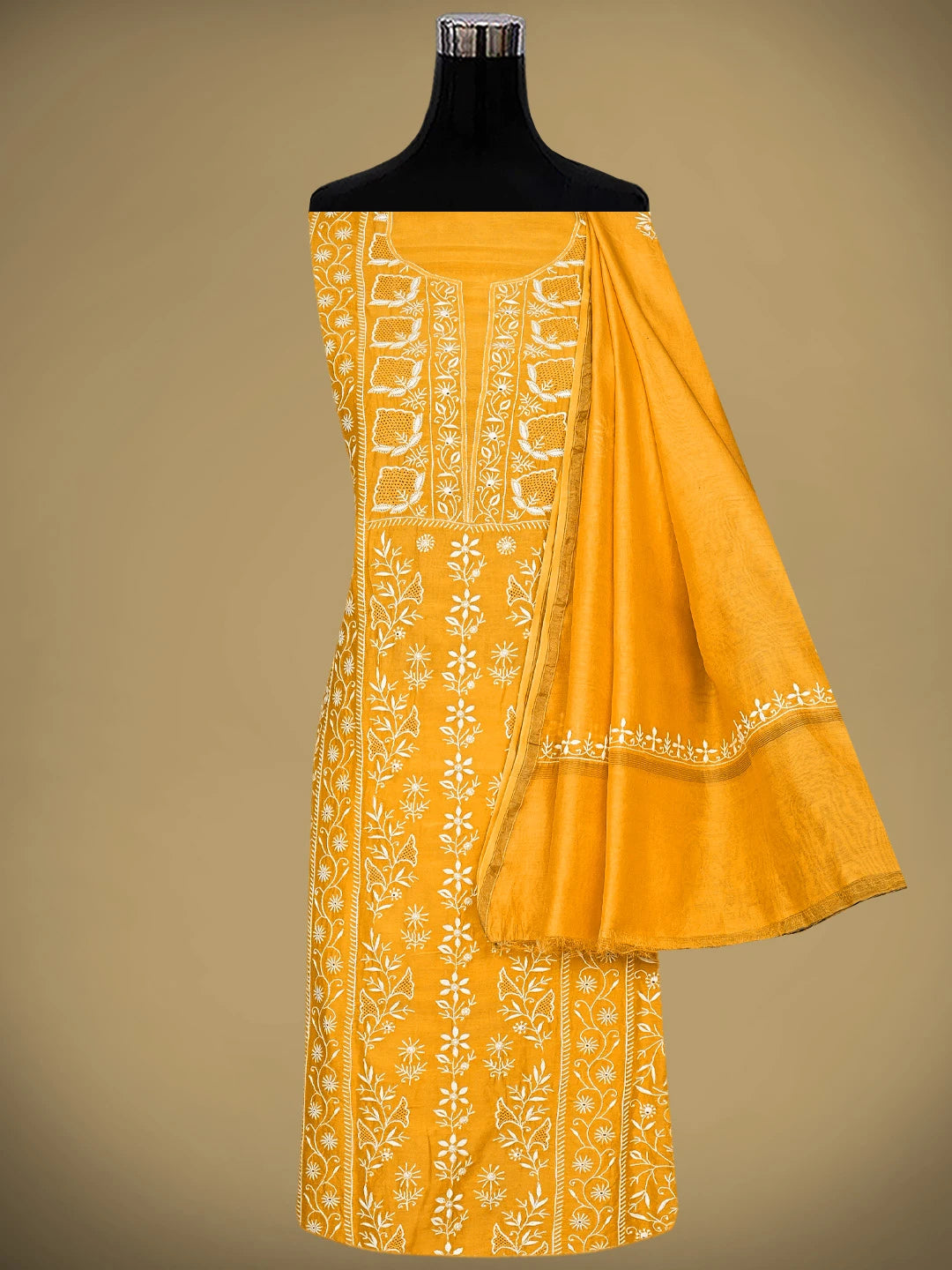 Ada Hand Embroidered Yellow Chanderi Lucknowi Chikankari Unstitched Kurta Dupatta Set 01A939443