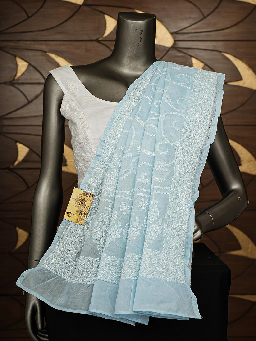 Ada Hand Embroidered Ice Blue Cotton Lucknowi Chikankari Dupatta 01A954286