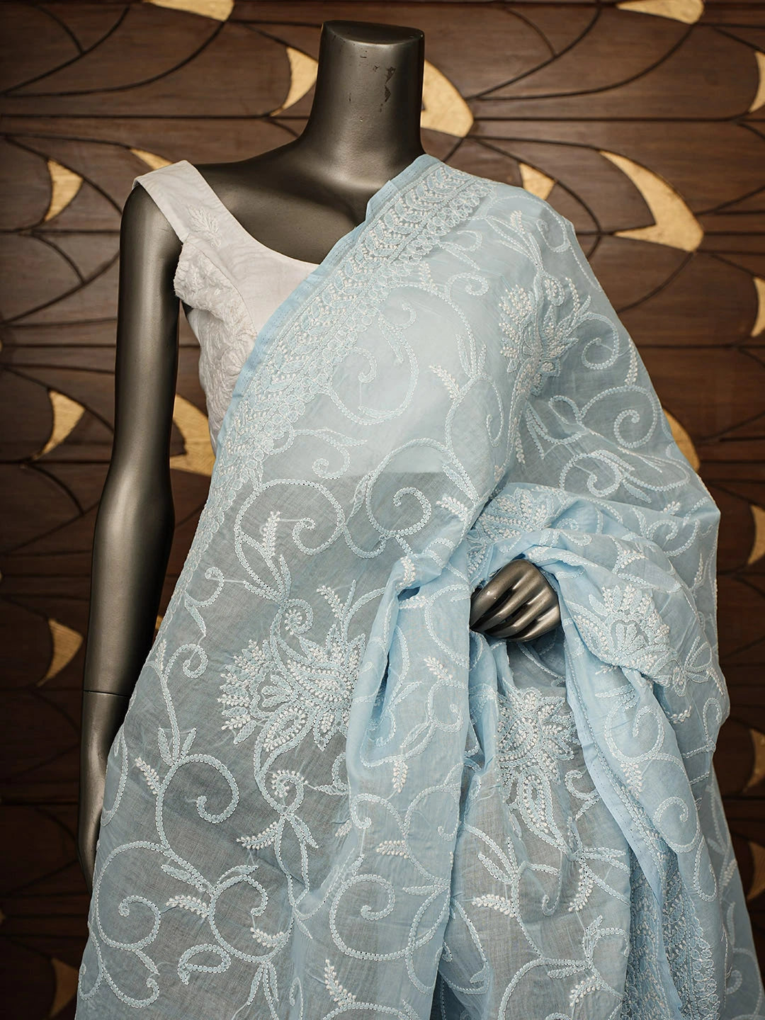 Ada Hand Embroidered Ice Blue Cotton Lucknowi Chikankari Dupatta 01A954286