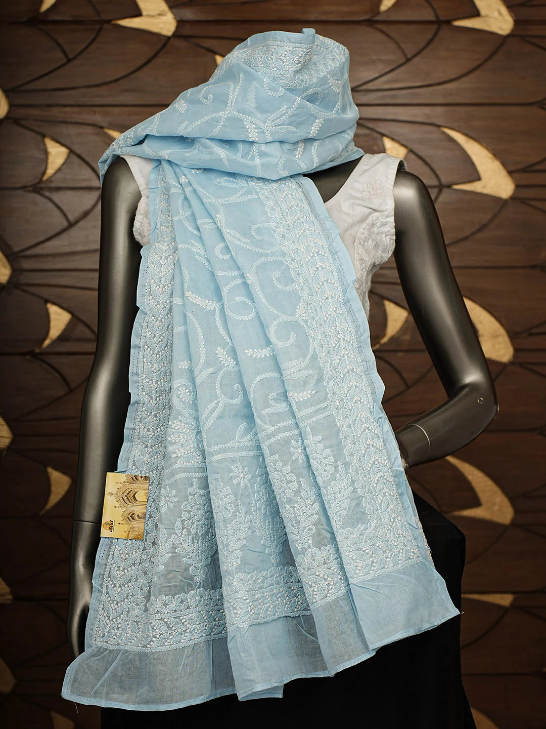 Ada Hand Embroidered Ice Blue Cotton Lucknowi Chikankari Dupatta 01A954286