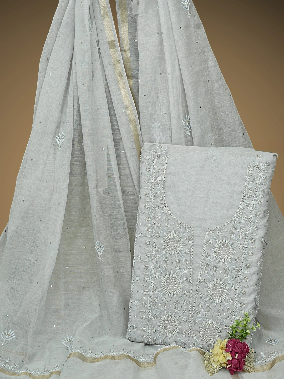 Ada Hand Embroidere Grey Chanderi Lucknowi Chikankari Unstitched Kurta Dupatta Set With Cutdana Work 01A932373