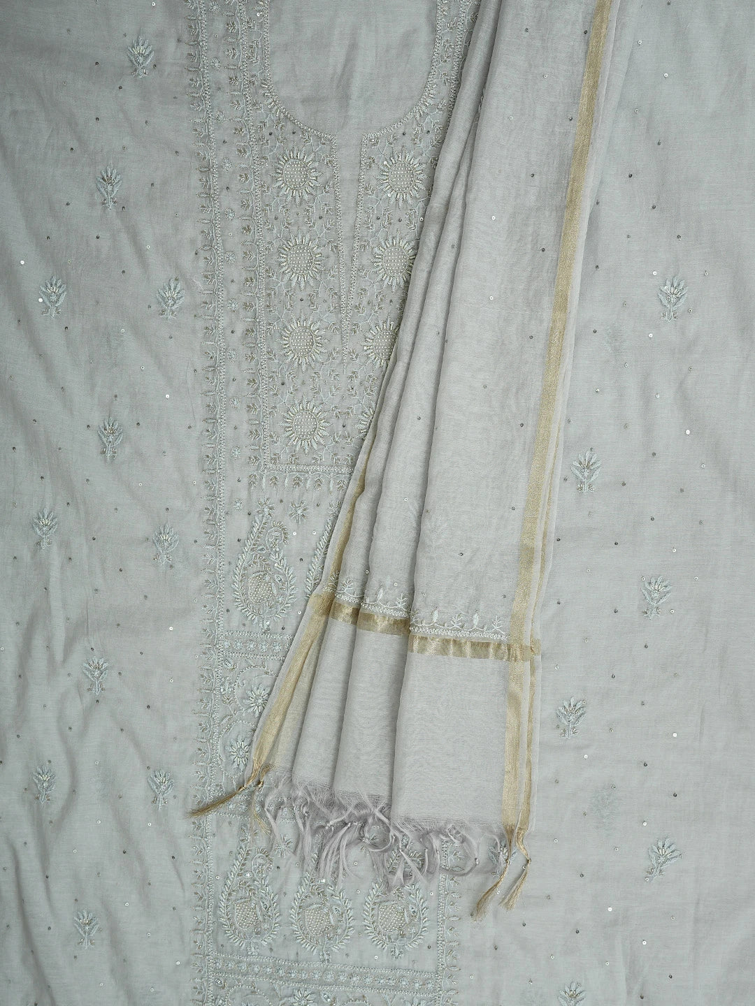 Ada Hand Embroidere Grey Chanderi Lucknowi Chikankari Unstitched Kurta Dupatta Set With Cutdana Work 01A932373