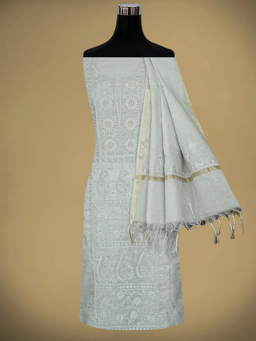 Ada Hand Embroidere Grey Chanderi Lucknowi Chikankari Unstitched Kurta Dupatta Set With Cutdana Work 01A932373