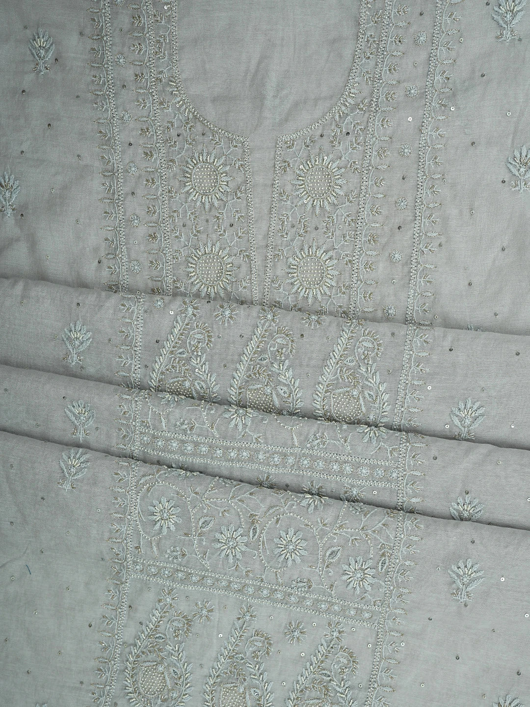 Ada Hand Embroidere Grey Chanderi Lucknowi Chikankari Unstitched Kurta Dupatta Set With Cutdana Work 01A932373