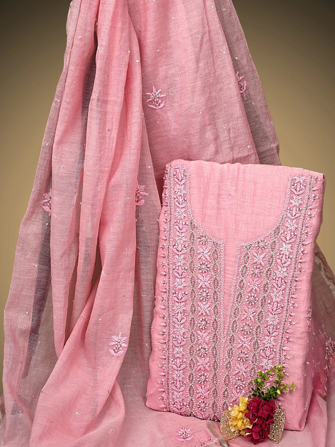 Ada Hand Embroidered Pastel Pink Chanderi Lucknowi Chikankari Unstitched Kurta Dupatta Set With Pearl Work 01A762499