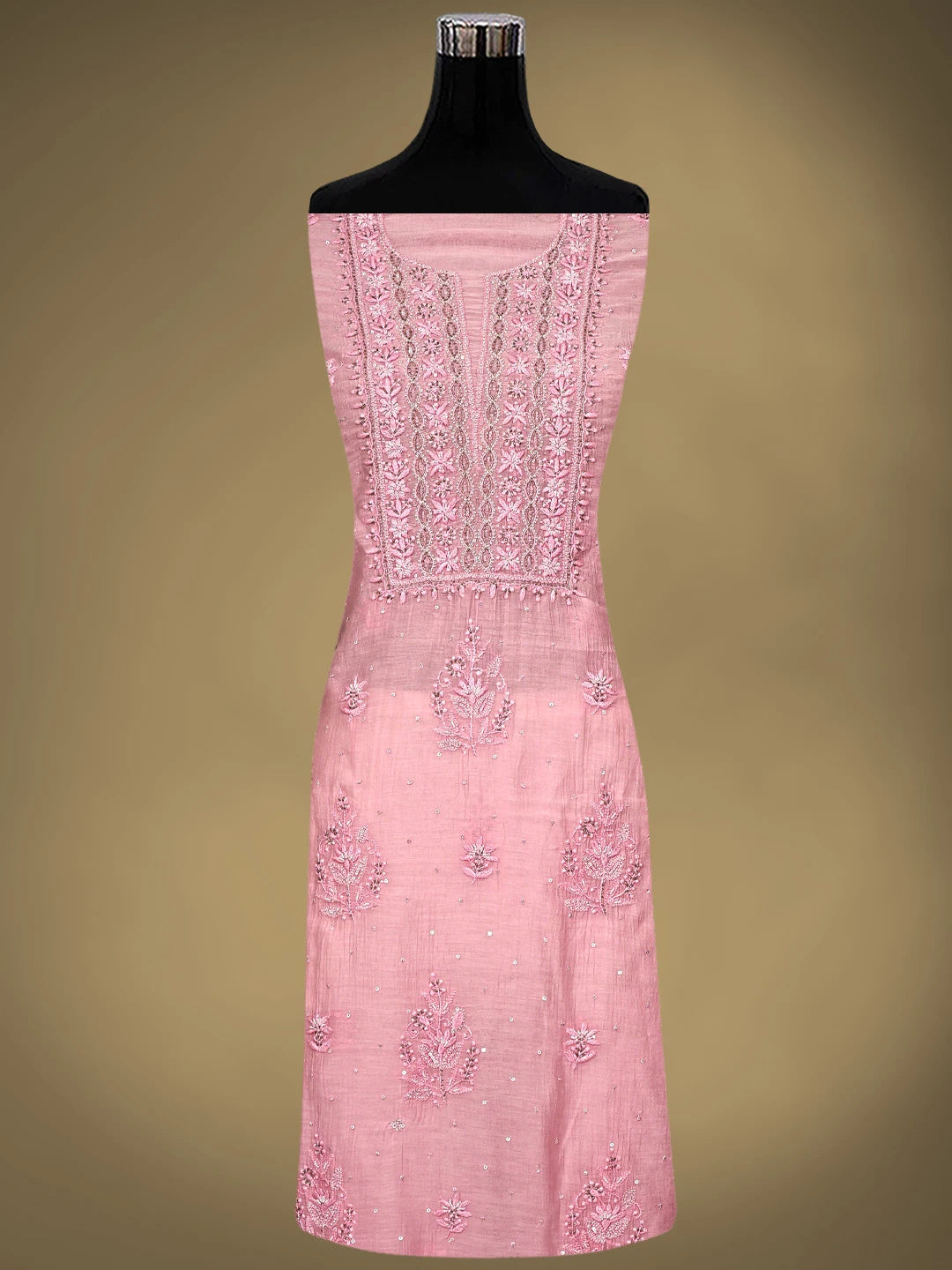 Ada Hand Embroidered Pastel Pink Chanderi Lucknowi Chikankari Unstitched Kurta Dupatta Set With Pearl Work 01A762499