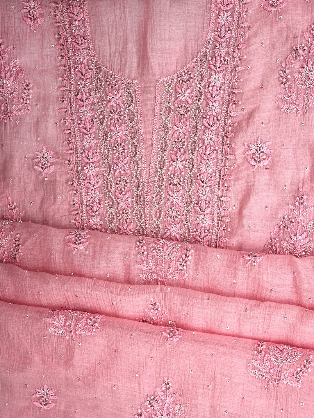 Ada Hand Embroidered Pastel Pink Chanderi Lucknowi Chikankari Unstitched Kurta Dupatta Set With Pearl Work 01A762499