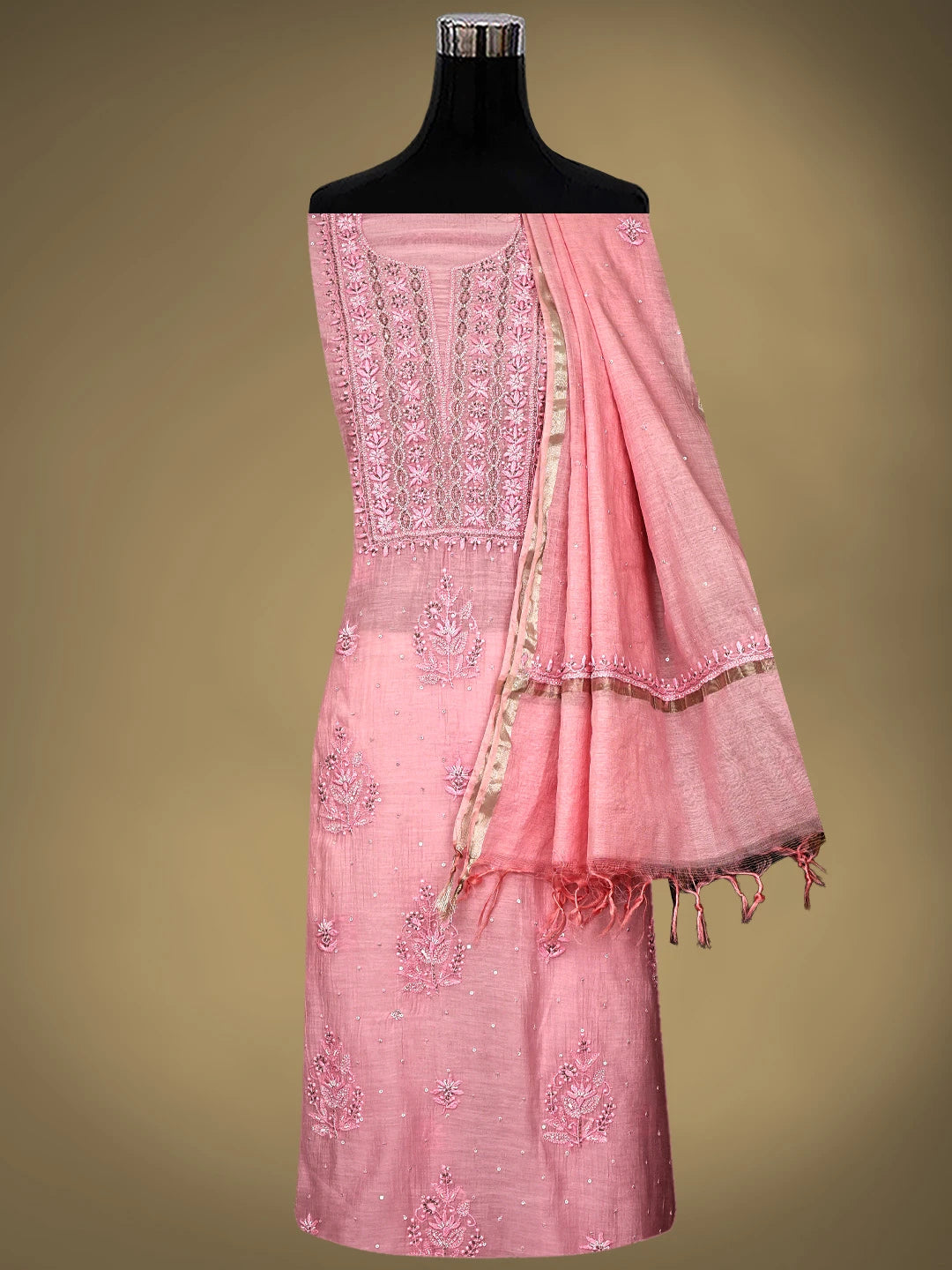 Ada Hand Embroidered Pastel Pink Chanderi Lucknowi Chikankari Unstitched Kurta Dupatta Set With Pearl Work 01A762499