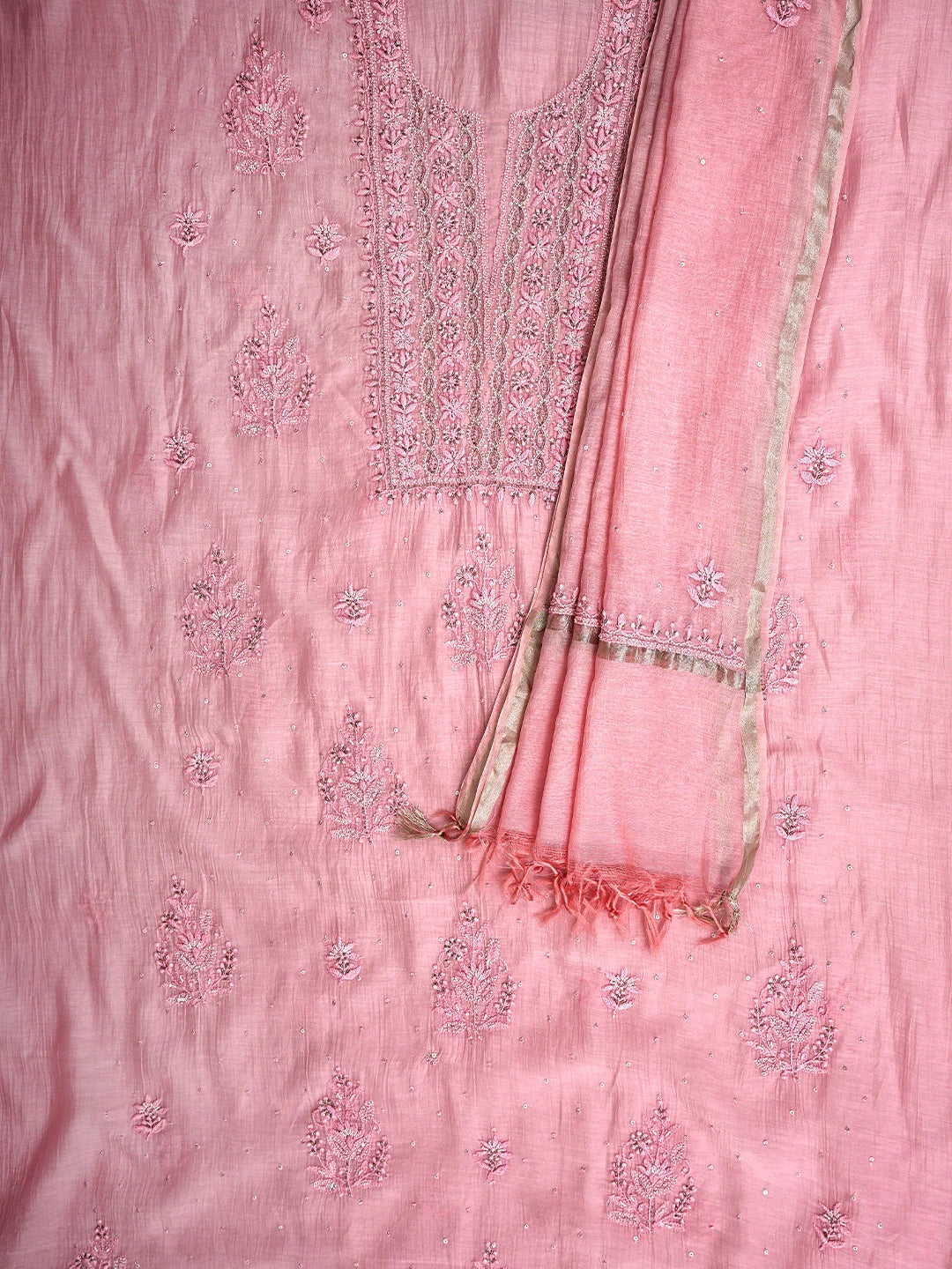 Ada Hand Embroidered Pastel Pink Chanderi Lucknowi Chikankari Unstitched Kurta Dupatta Set With Pearl Work 01A762499