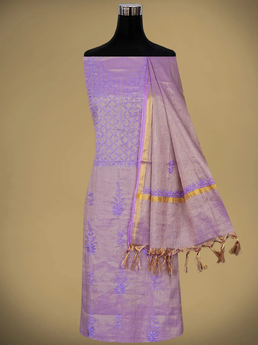 Ada Hand Embroidered Dusty Mauve Tissue Lucknowi Chikankari Unstitched Kurta Dupatta Set 01A946086