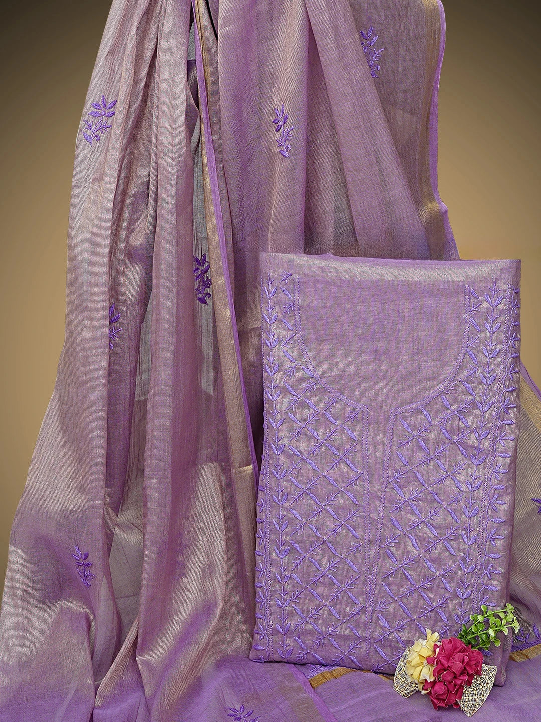 Ada Hand Embroidered Dusty Mauve Tissue Lucknowi Chikankari Unstitched Kurta Dupatta Set 01A946086