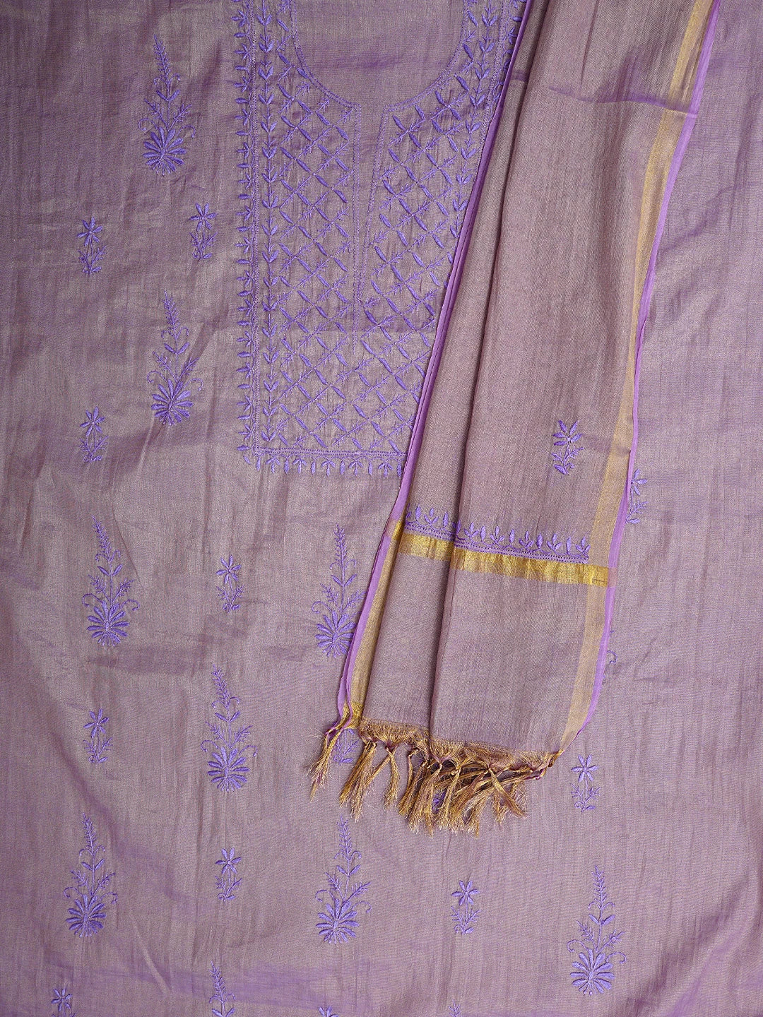 Ada Hand Embroidered Dusty Mauve Tissue Lucknowi Chikankari Unstitched Kurta Dupatta Set 01A946086