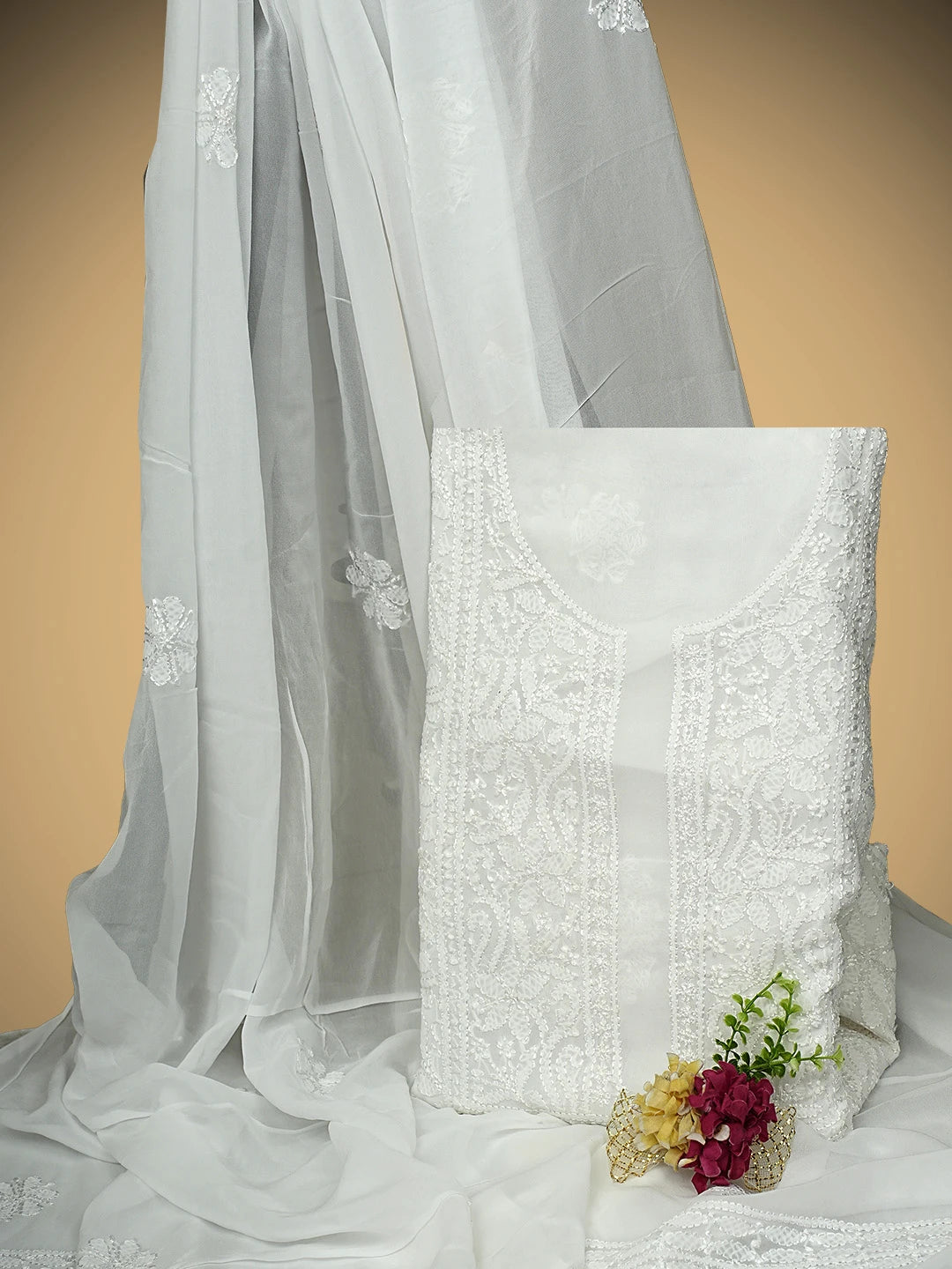 Ada Hand Embroidered Snow White Viscose Georgette Lucknowi Chikankari Unstitched Kurta Dupatta Set 01A893702