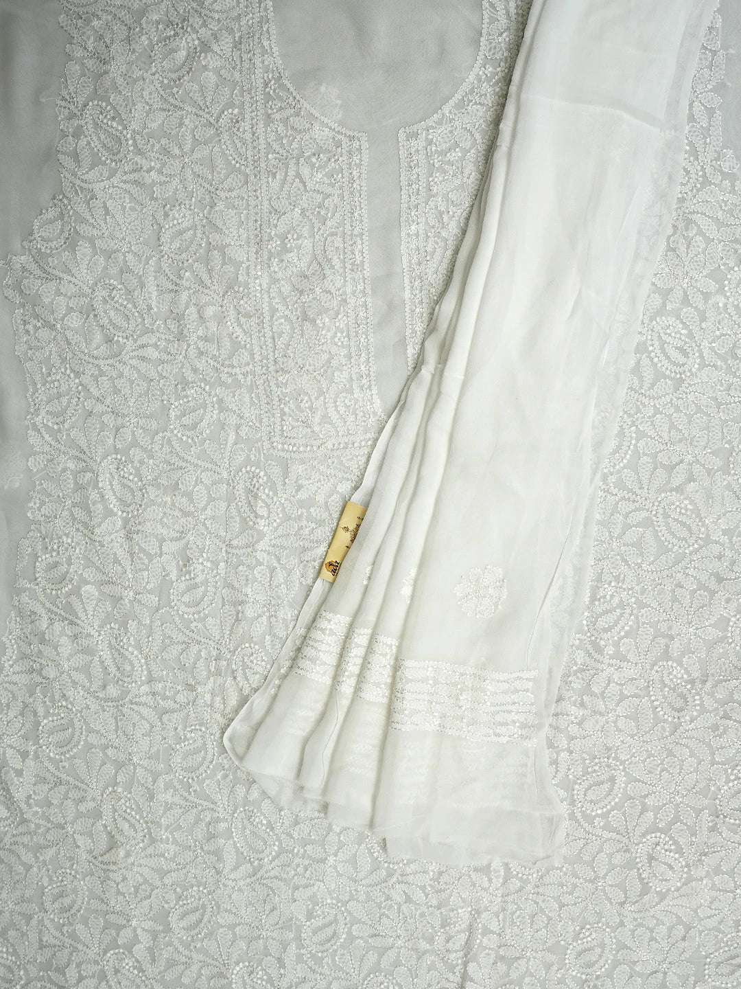 Ada Hand Embroidered Snow White Viscose Georgette Lucknowi Chikankari Unstitched Kurta Dupatta Set 01A893702