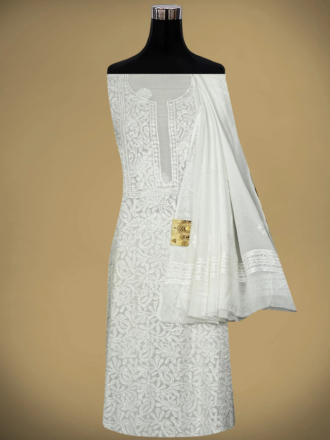 Ada Hand Embroidered Snow White Viscose Georgette Lucknowi Chikankari Unstitched Kurta Dupatta Set 01A893702