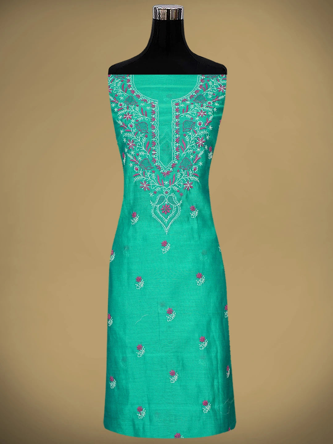 Ada Hand Embroidered Rama Green Chanderi Lucknowi Chikankari Unstitched Kurta Dupatta Set 01A943456