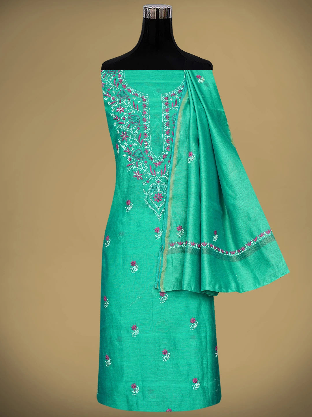 Ada Hand Embroidered Rama Green Chanderi Lucknowi Chikankari Unstitched Kurta Dupatta Set 01A943456