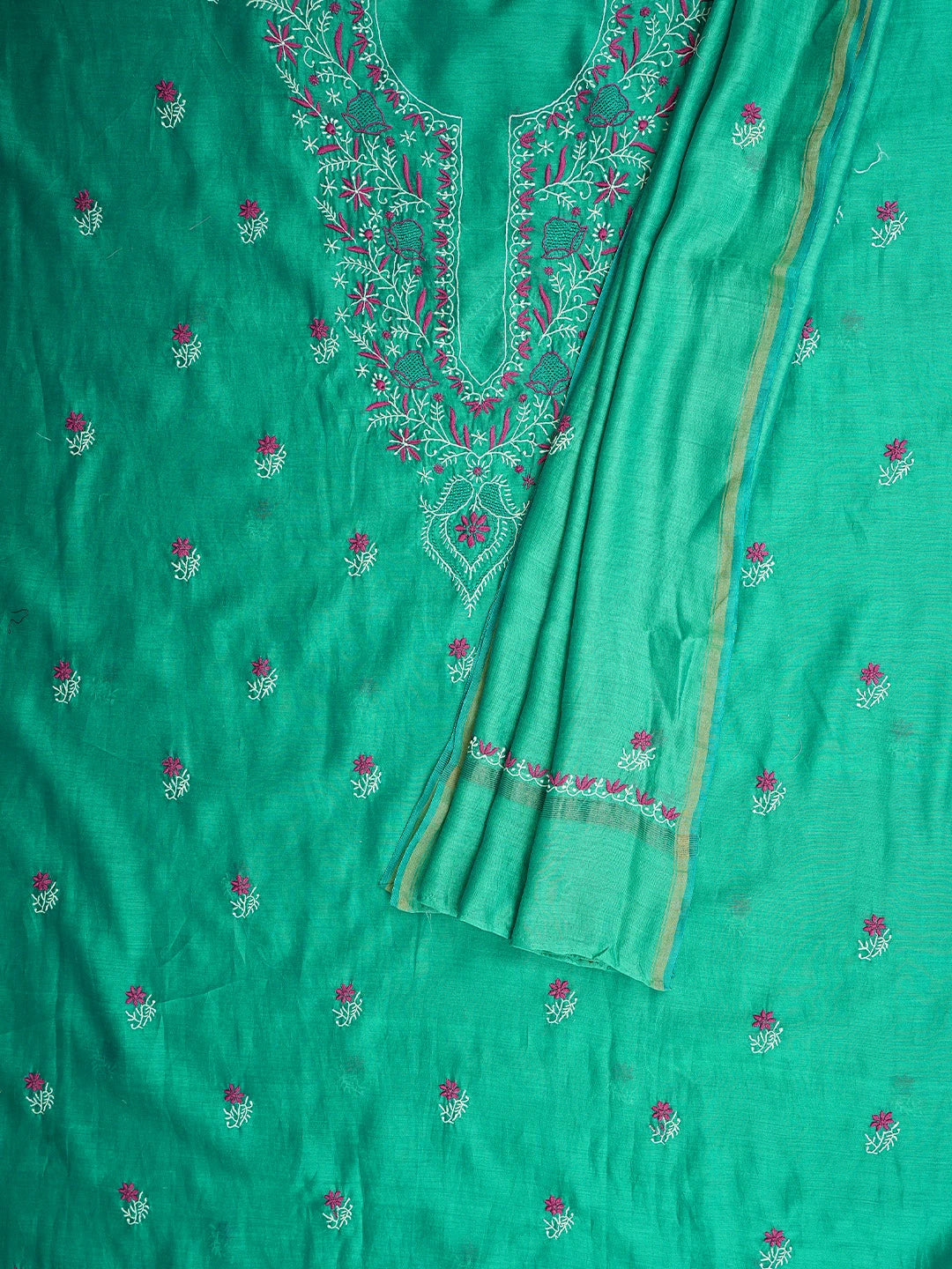 Ada Hand Embroidered Rama Green Chanderi Lucknowi Chikankari Unstitched Kurta Dupatta Set 01A943456