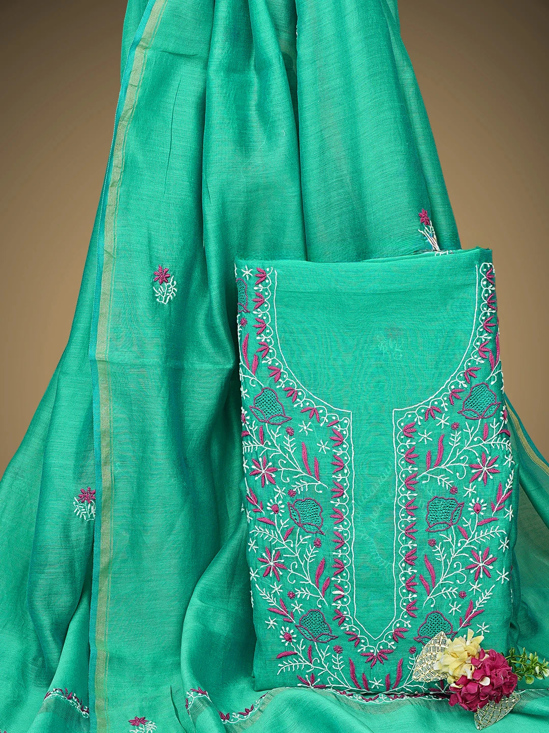 Ada Hand Embroidered Rama Green Chanderi Lucknowi Chikankari Unstitched Kurta Dupatta Set 01A943456