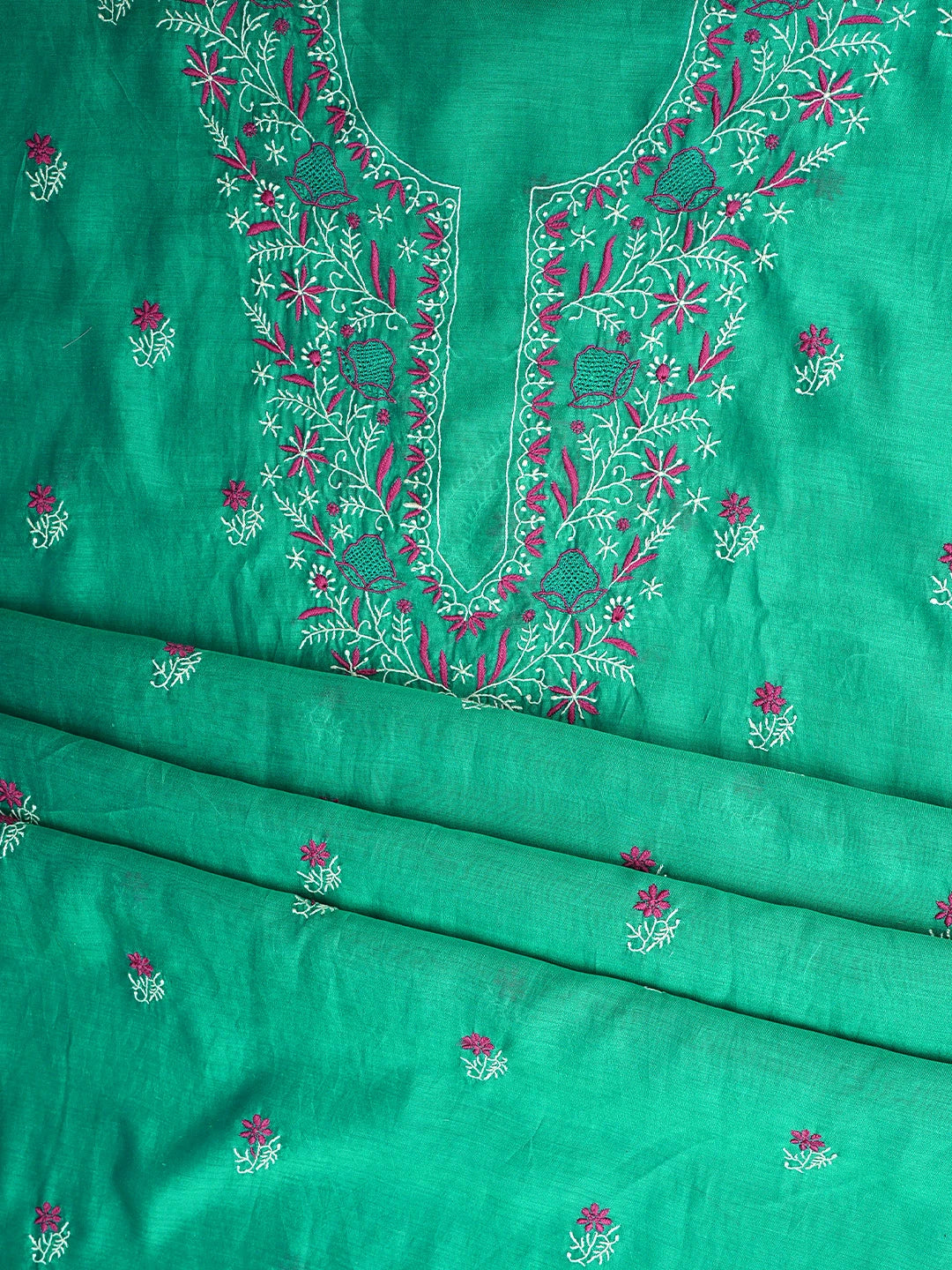 Ada Hand Embroidered Rama Green Chanderi Lucknowi Chikankari Unstitched Kurta Dupatta Set 01A943456