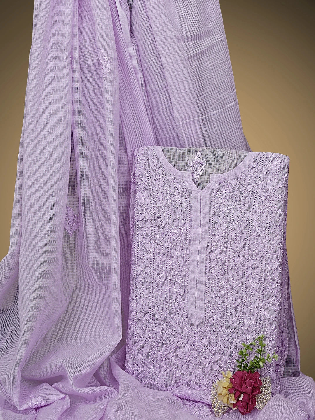 Ada Hand Embroidered Mauve Kota Lucknowi Chikankari Semi-stitched Kurta Dupatta Set 01A919677