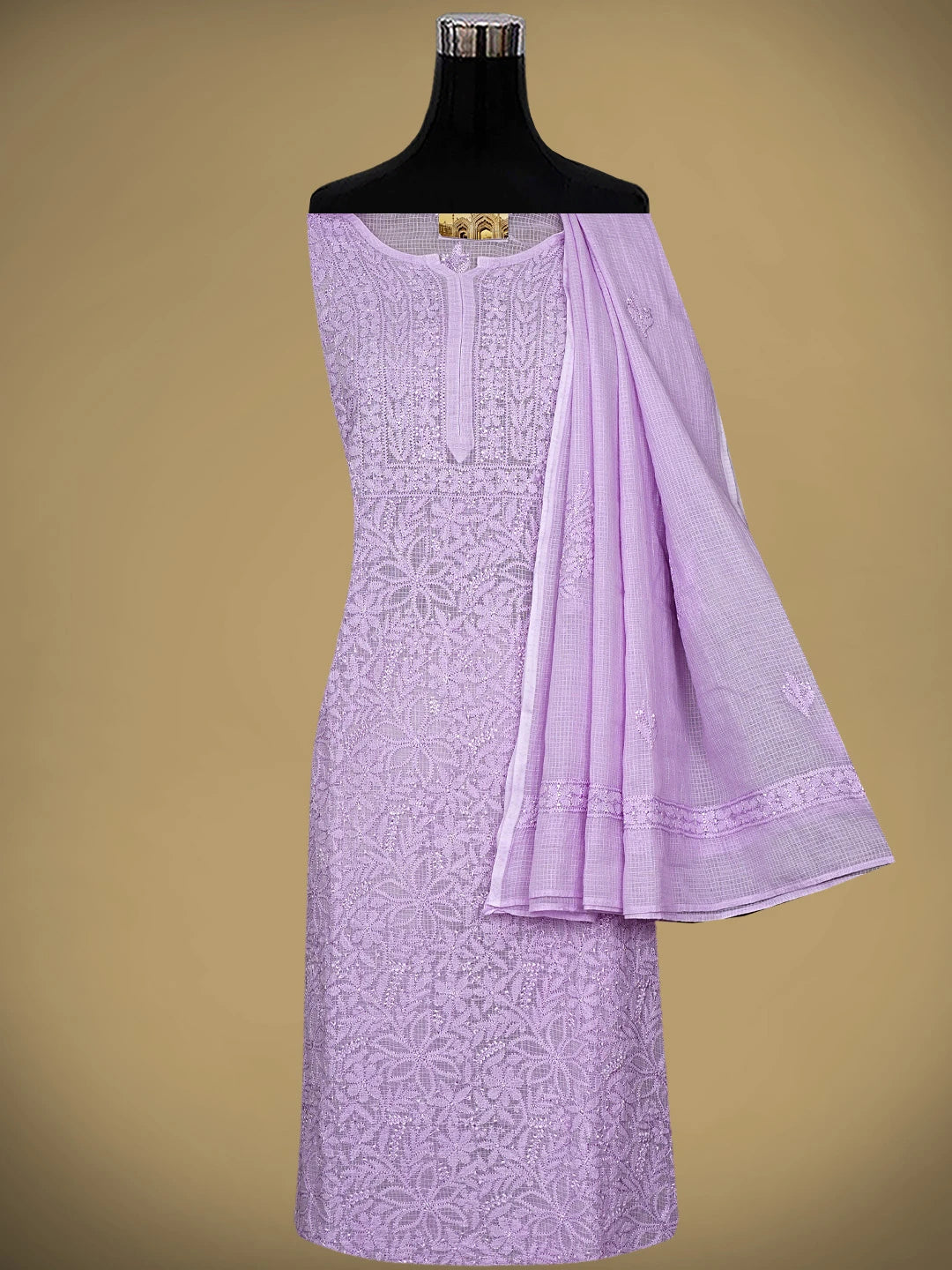 Ada Hand Embroidered Mauve Kota Lucknowi Chikankari Semi-stitched Kurta Dupatta Set 01A919677