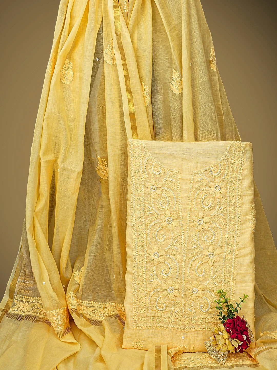 Ada Hand Embroidered Yellow Chanderi Lucknowi Chikankari Unstitched Kurta Dupatta Set with Cutdana Work 01A939757