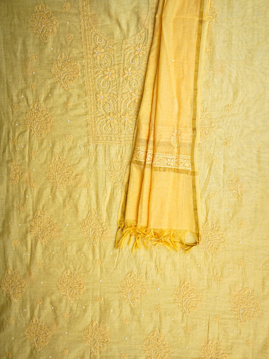 Ada Hand Embroidered Yellow Chanderi Lucknowi Chikankari Unstitched Kurta Dupatta Set with Cutdana Work 01A939757