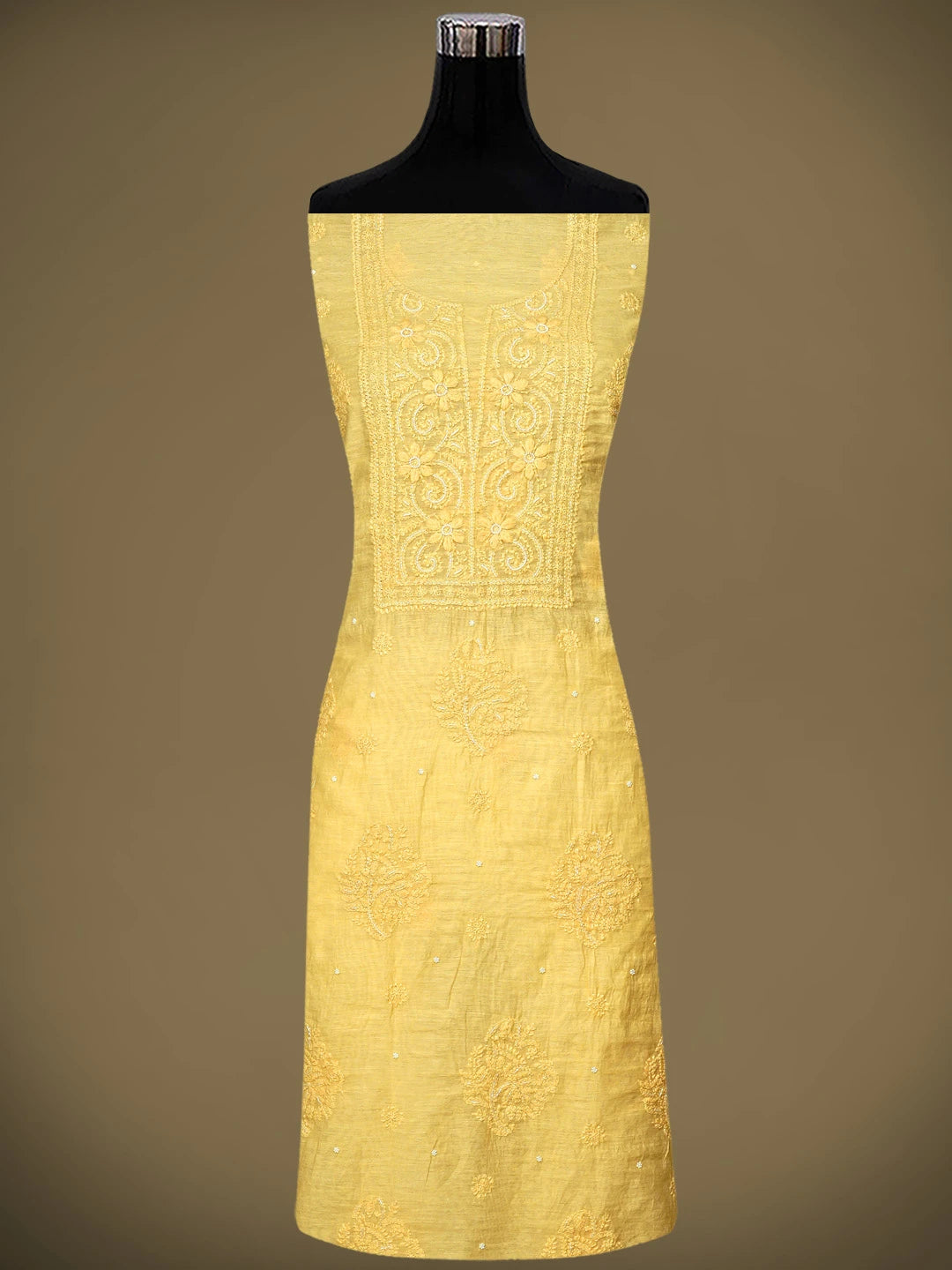 Ada Hand Embroidered Yellow Chanderi Lucknowi Chikankari Unstitched Kurta Dupatta Set with Cutdana Work 01A939757