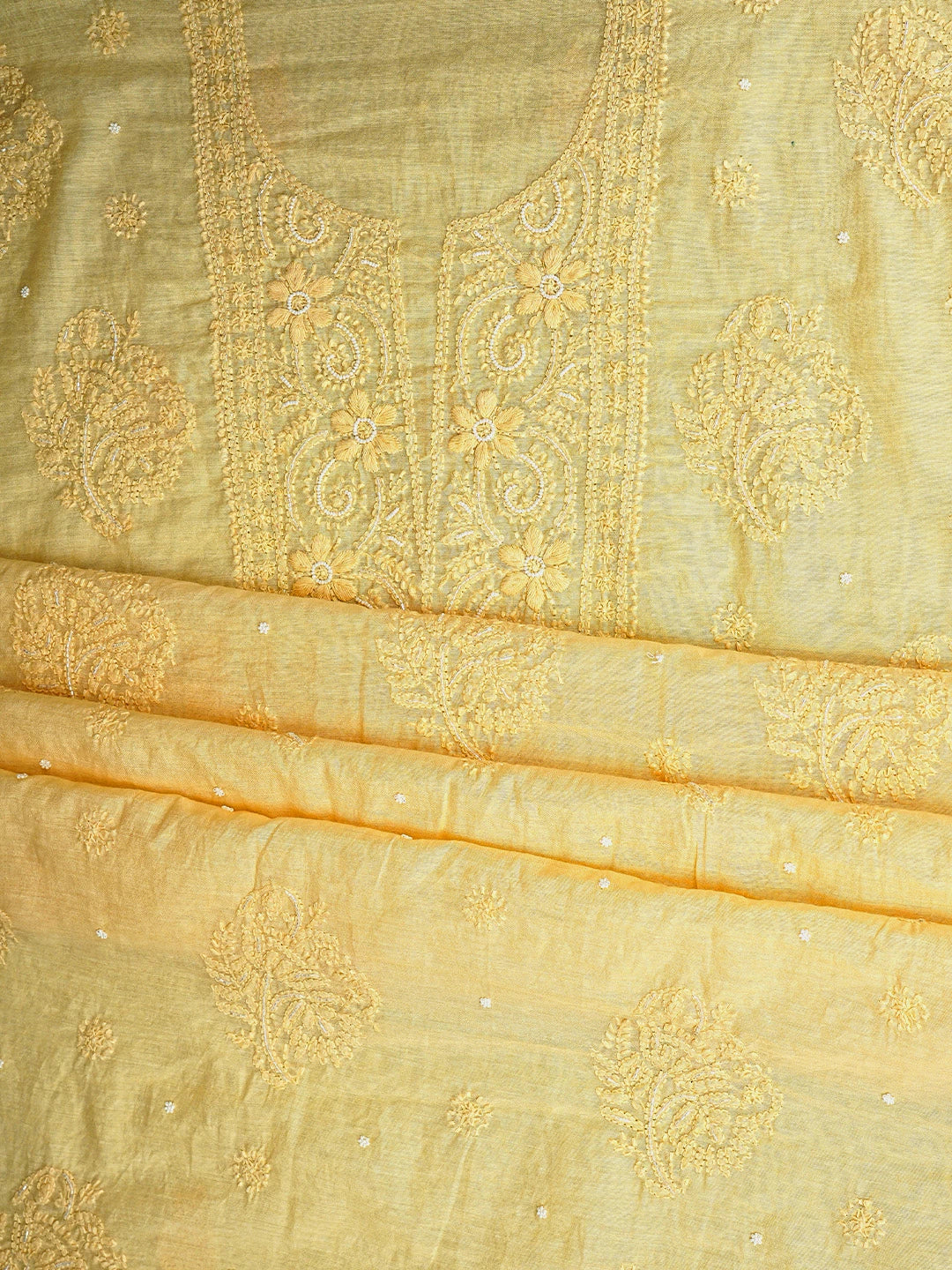 Ada Hand Embroidered Yellow Chanderi Lucknowi Chikankari Unstitched Kurta Dupatta Set with Cutdana Work 01A939757