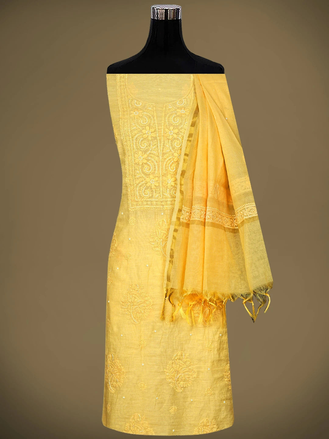 Ada Hand Embroidered Yellow Chanderi Lucknowi Chikankari Unstitched Kurta Dupatta Set with Cutdana Work 01A939757