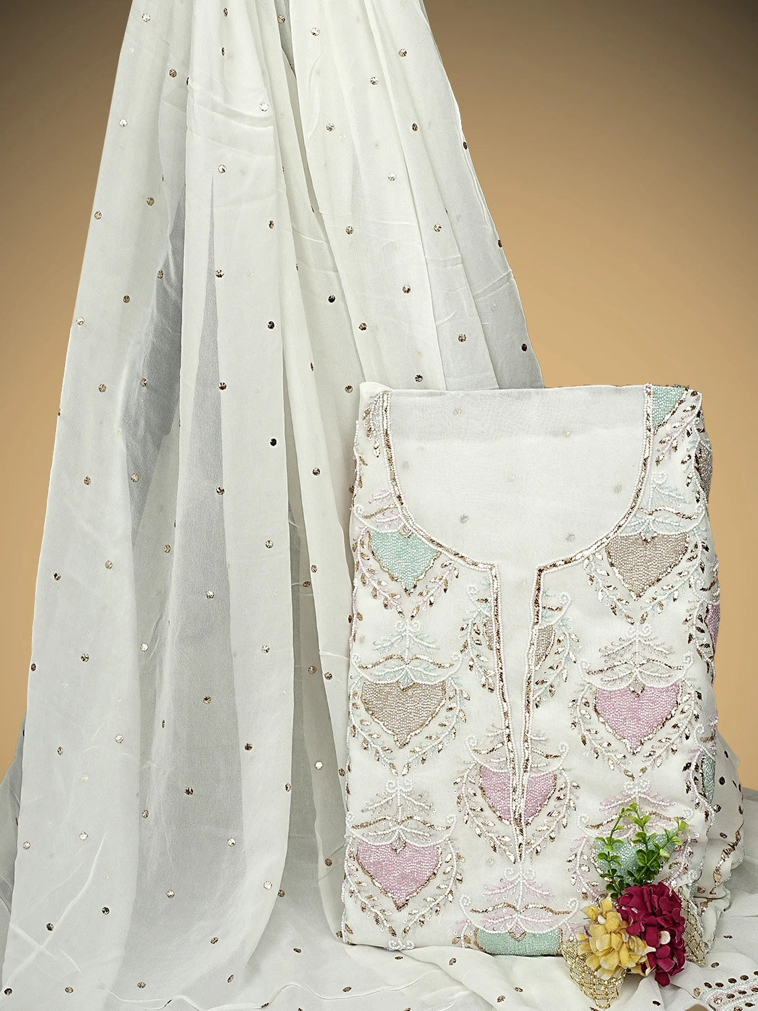 Ada Hand Embroidered White Viscose Georgette Unstitched Kurta Dupatta Set With Muqaish/Mukaish Work 01A957865