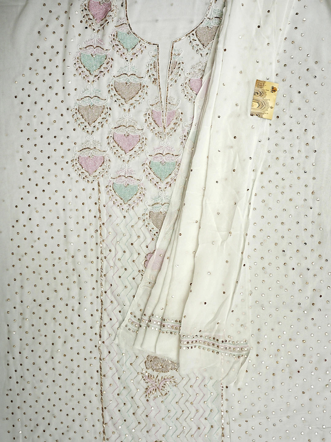 Ada Hand Embroidered White Viscose Georgette Unstitched Kurta Dupatta Set With Muqaish/Mukaish Work 01A957865