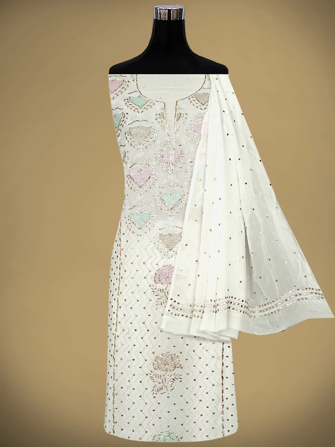 Ada Hand Embroidered White Viscose Georgette Unstitched Kurta Dupatta Set With Muqaish/Mukaish Work 01A957865