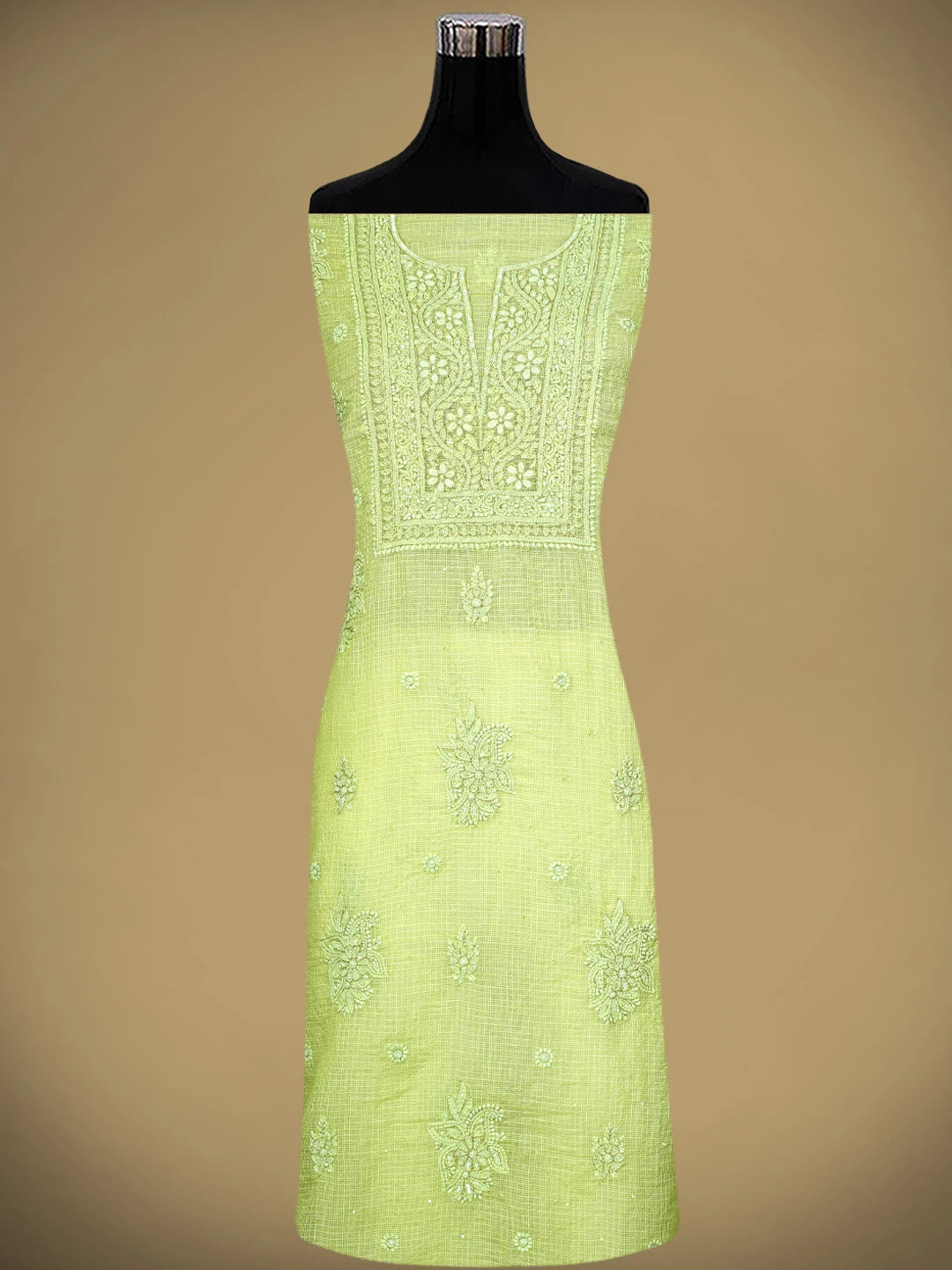 Ada Hand Embroidered Pista Green Kota Lucknowi Chikankari Unstitched Kurta Dupatta Set With Sequinned Work 01A850087