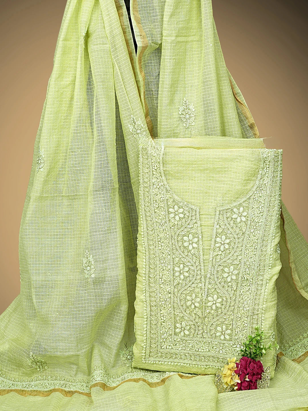 Ada Hand Embroidered Pista Green Kota Lucknowi Chikankari Unstitched Kurta Dupatta Set With Sequinned Work 01A850087