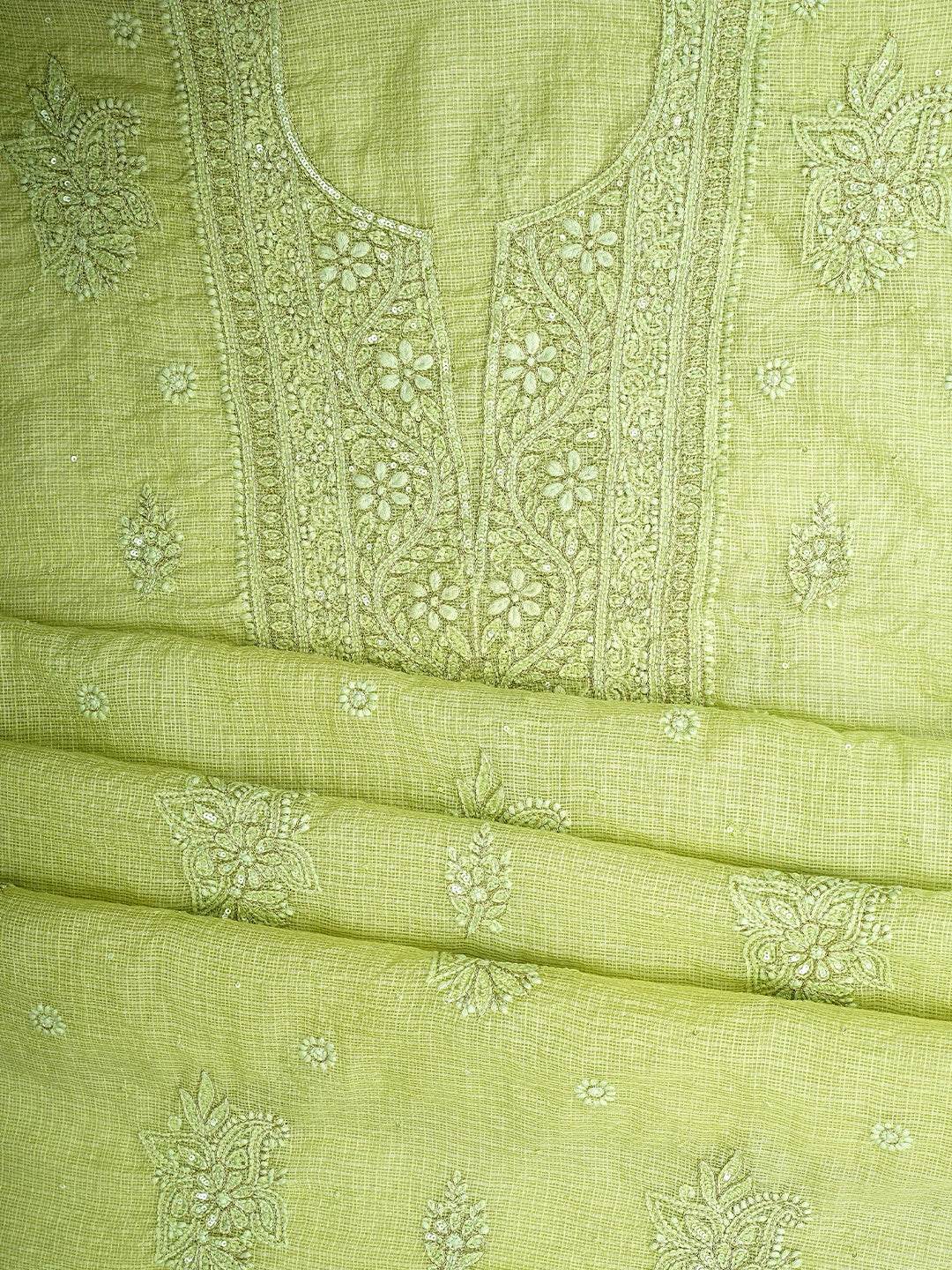 Ada Hand Embroidered Pista Green Kota Lucknowi Chikankari Unstitched Kurta Dupatta Set With Sequinned Work 01A850087